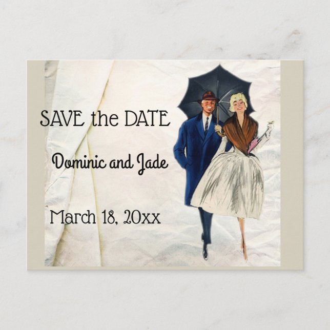Cartão Postal De Anúncio Casal Retrô com Guarda-chuva Save The Date (Frente)