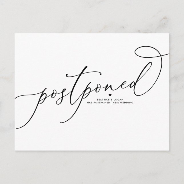 Cartão Postal De Anúncio Casamento Adiado Black Whimsical Script (Frente)