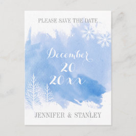 Cartão Postal De Anúncio Casamento azul-aquarela moderno Salve a Data