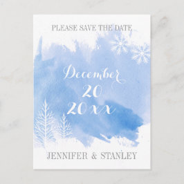 Cartão Postal De Anúncio Casamento azul-aquarela moderno Salve a Data