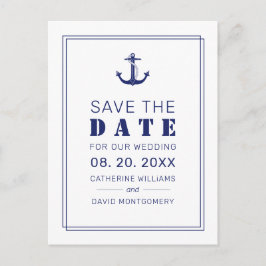 Cartão Postal De Anúncio Casamento Azul de Âncora Náutica Salvar a Data