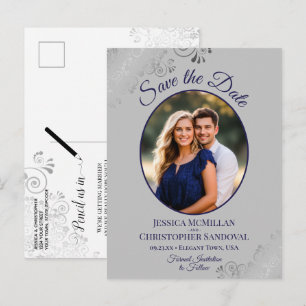 Cartão Postal De Anúncio Casamento Azul Marinho & Cinza Chique Foto de Salv