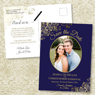 Cartão Postal De Anúncio Casamento Azul Marinho & Dourado Save the Date Fot