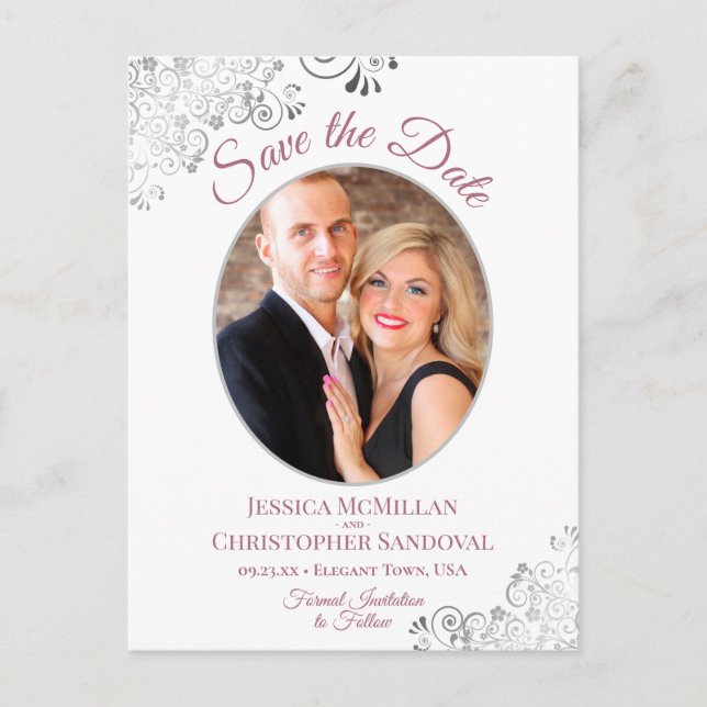 Cartão Postal De Anúncio Casamento branco com Rosa Silver Lace Salve a foto (Frente)