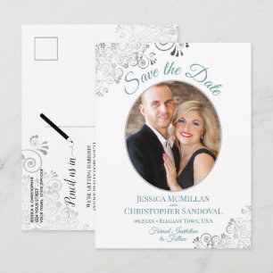 Cartão Postal De Anúncio Casamento Branco de Teal Silver Lace Salve a Foto