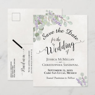Cartão Postal De Anúncio Casamento Branco Eucalipto e Lavanda Save the Date