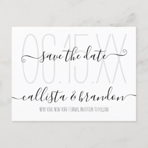 Cartão Postal De Anúncio Casamento branco preto mínimo legante Salve a data