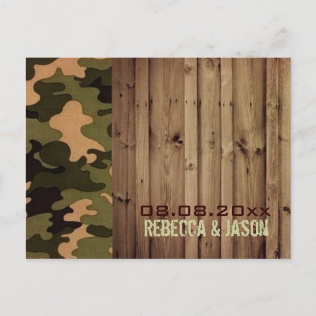 Cartão Postal De Anúncio casamento camuflado western de madeira rústica sal (Frente)