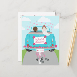 Cartão Postal De Anúncio Casamento Carro de Fuga Azul Rosa Recém Casados An