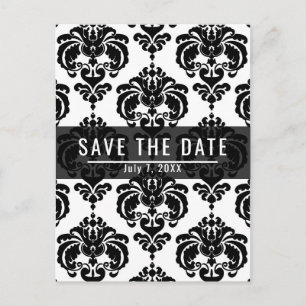 Cartão Postal De Anúncio Casamento Chic Damask Preto e Branco Salvar a Data