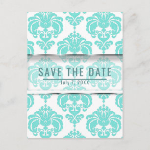 Cartão Postal De Anúncio Casamento Chic do Teal & White Damask Salvar a Dat