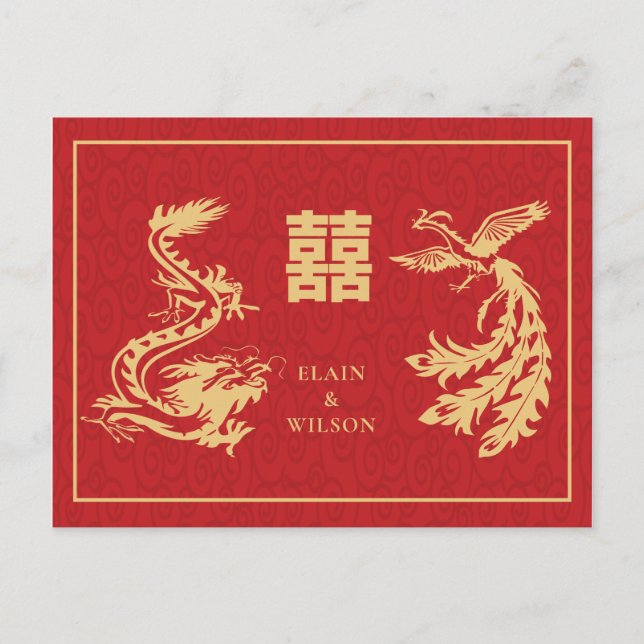 Cartão Postal De Anúncio Casamento Chinês Dragão-Fenix Duplo Xi Vermelho Do (Frente)