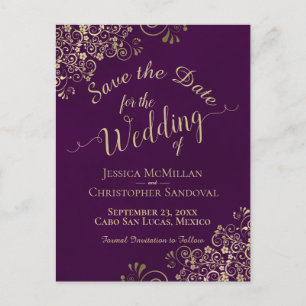 Cartão Postal De Anúncio Casamento com Caligrafia Chic Plum & Dourado Salve