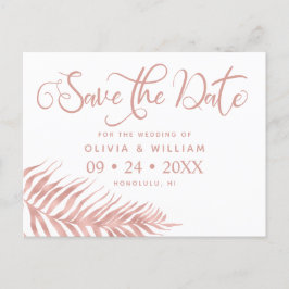 Cartão Postal De Anúncio Casamento com Folha de Palma Dourada Moderna Rosa