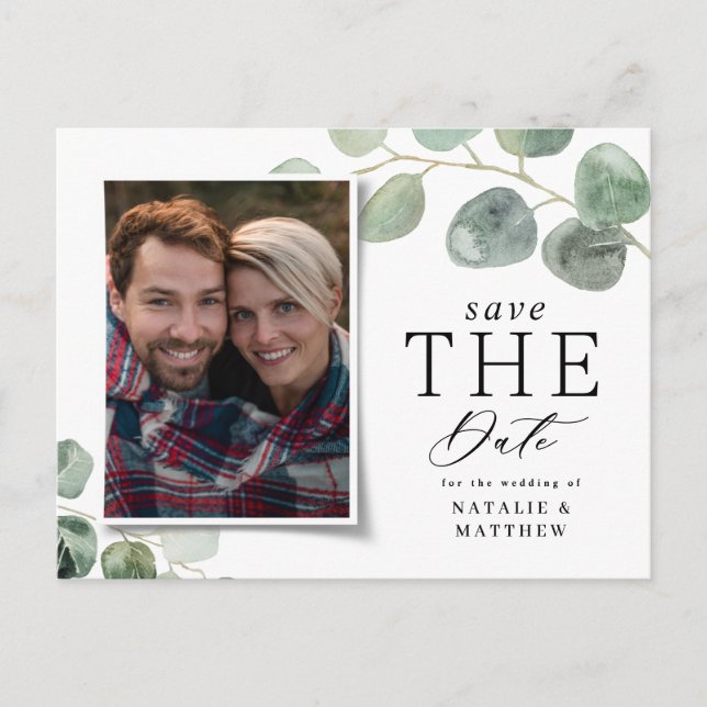 Cartão Postal De Anúncio Casamento com foto botânica de eucalipto em script (Frente)