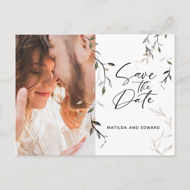 Cartão Postal De Anúncio Casamento com foto de folhagem botânica de folha e (Frente)