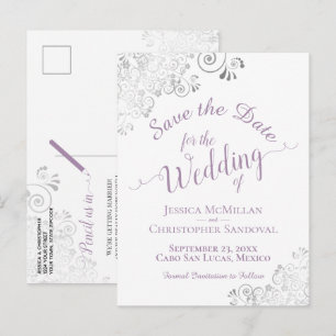 Cartão Postal De Anúncio Casamento com Lacy Silver da lavanda Salve a Data