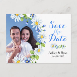 Cartão Postal De Anúncio Casamento com margarida branca azul Salve a data