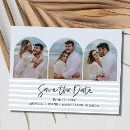 Cartão Postal De Anúncio Casamento com três arco de praia Blue Salve a data