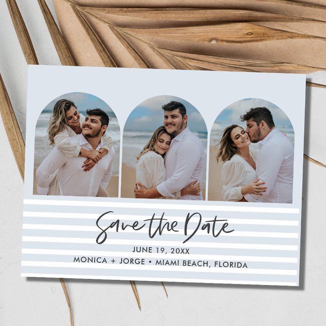 Cartão Postal De Anúncio Casamento com três arco de praia Blue Salve a data (Beach Blue Three Arch Photo Wedding Save the Date  Postcard)