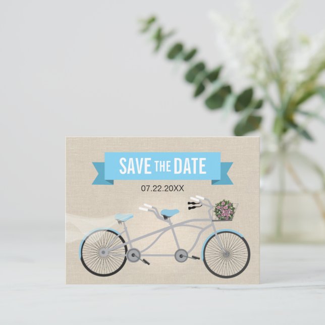 Cartão Postal De Anúncio Casamento da Bicicleta Tandem Salve a Data (Em pé/Frente)