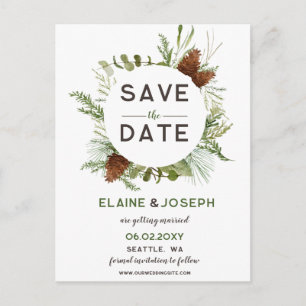 Cartão Postal De Anúncio Casamento da Conífer Pine cone Rustic Salve a dat