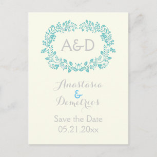Cartão Postal De Anúncio Casamento das iniciais do quadro de folhagem Aqua
