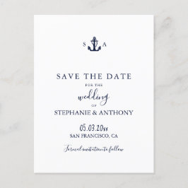 Cartão Postal De Anúncio Casamento de Âncora Azul Marinho Náutico Monograma
