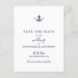 Cartão Postal De Anúncio Casamento de Âncora Azul Marinho Náutico Monograma