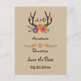 Cartão Postal De Anúncio Casamento de Antlers e Flores Monograma Salvar Dat