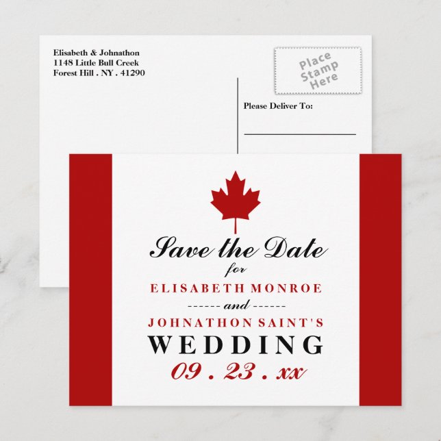 Cartão Postal De Anúncio Casamento De Bandeira Canadense Salva A Data (Frente/Verso)