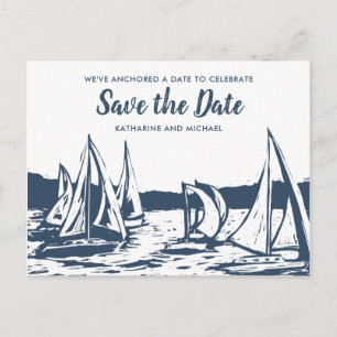 Cartão Postal De Anúncio Casamento de Barco à Vela Náutico Salve a Data