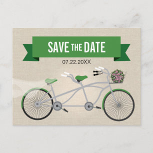 Cartão Postal De Anúncio Casamento de Bicicleta Verde Tandem Salve a Data