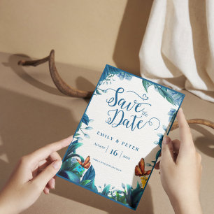 Cartão Postal De Anúncio Casamento de Borboleta de Folhagem Aquarela Azul V