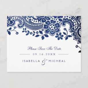 Cartão Postal De Anúncio Casamento de cadarço elegante azul salve a data