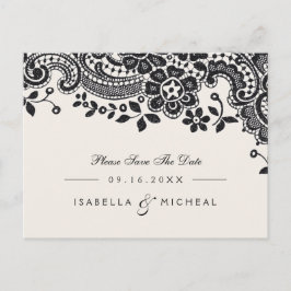 Cartão Postal De Anúncio Casamento de cadarço elegante preto salve a data