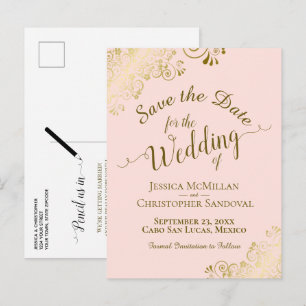 Cartão Postal De Anúncio Casamento de Caligrafia Dourada Save the Date Rosa