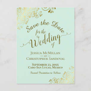 Cartão Postal De Anúncio Casamento de Caligrafia Dourada Save the Date Verd