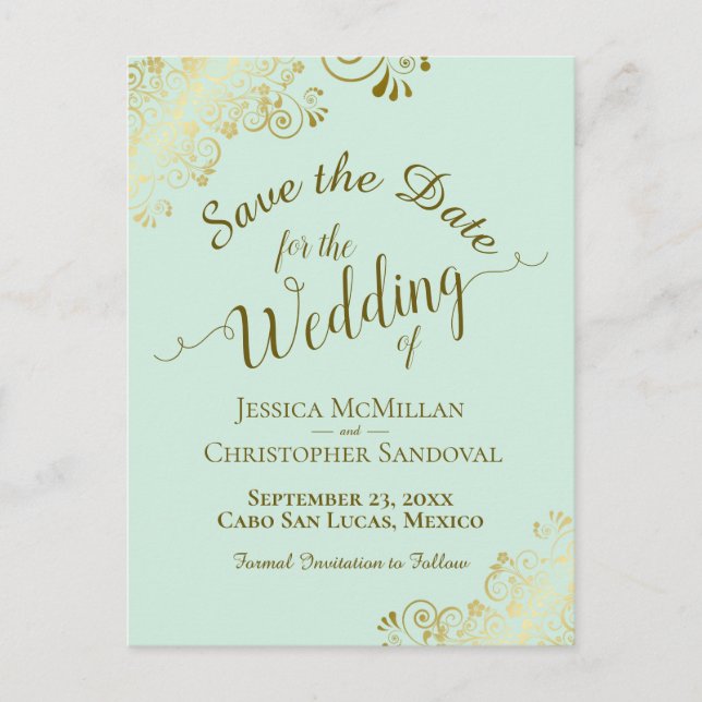 Cartão Postal De Anúncio Casamento de Caligrafia Dourada Save the Date Verd (Frente)