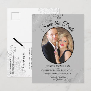 Cartão Postal De Anúncio Casamento de Cinza Silver Lace Salve a Foto Oval d