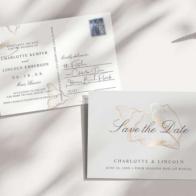 Cartão Postal De Anúncio Casamento de Conch do Ouro Elegante Salvar a Data (Criador carregado)