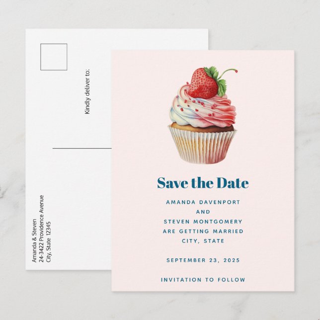 Cartão Postal De Anúncio Casamento de deserto doce com Cupcake de morango (Frente/Verso)