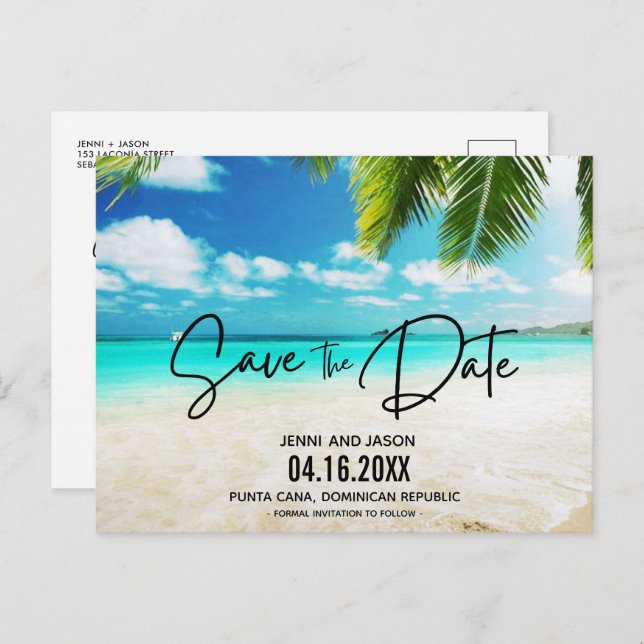 Cartão Postal De Anúncio Casamento De Destino De Praia Salva A Data  (Frente/Verso)