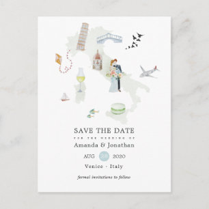 Cartão Postal De Anúncio Casamento de Destino Itália Aquarela Salve a Data