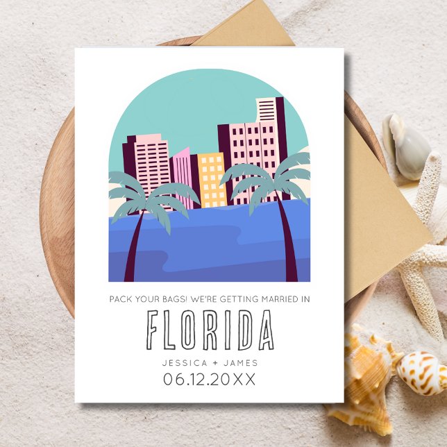 Cartão Postal De Anúncio Casamento de Destino Tropical da Flórida Salve a D (Florida Destination Beach Wedding Save the Date Postcard)
