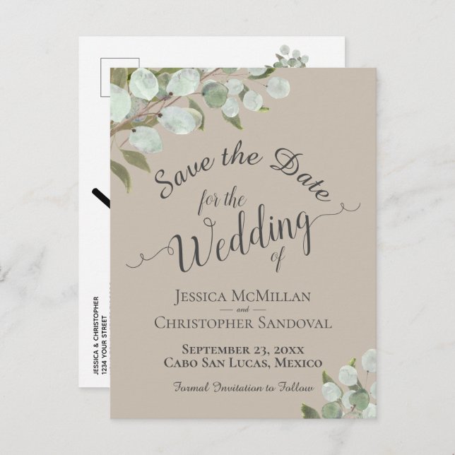 Cartão Postal De Anúncio Casamento de Eucalyptus e Greenery Taupe Salvar a  (Frente/Verso)