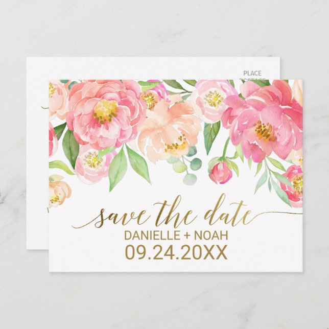 Cartão Postal De Anúncio Casamento de Flores de Pênia Rosa Salva a Data (Frente/Verso)