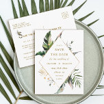 Cartão Postal De Anúncio Casamento de Folhagem Tropical Salvar a Data Doura<br><div class="desc">Este casamento salvou a data do cartão postal com folhagem tropical verde-aquarela,  folhas de palmeiras,  folhas de bananeiras com moldura de diamante-ouro. É perfeito para um casamento de praia ou destino. >>> Veja a coleção inteira >> https://www.zazzle.com/collections/tropical_foliage_gold_collection-119316977990783186</div>