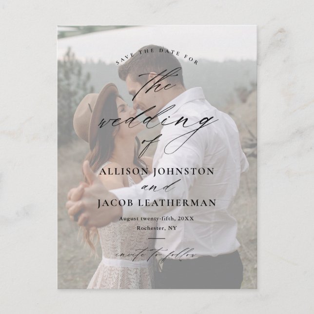 Cartão Postal De Anúncio Casamento de Foto com Letra Elegante Save the Date (Frente)