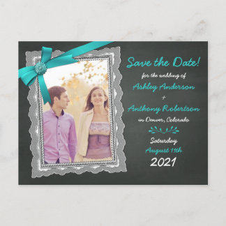Cartão Postal De Anúncio Casamento de Foto do Arco Teal Chalkboard Salvar a